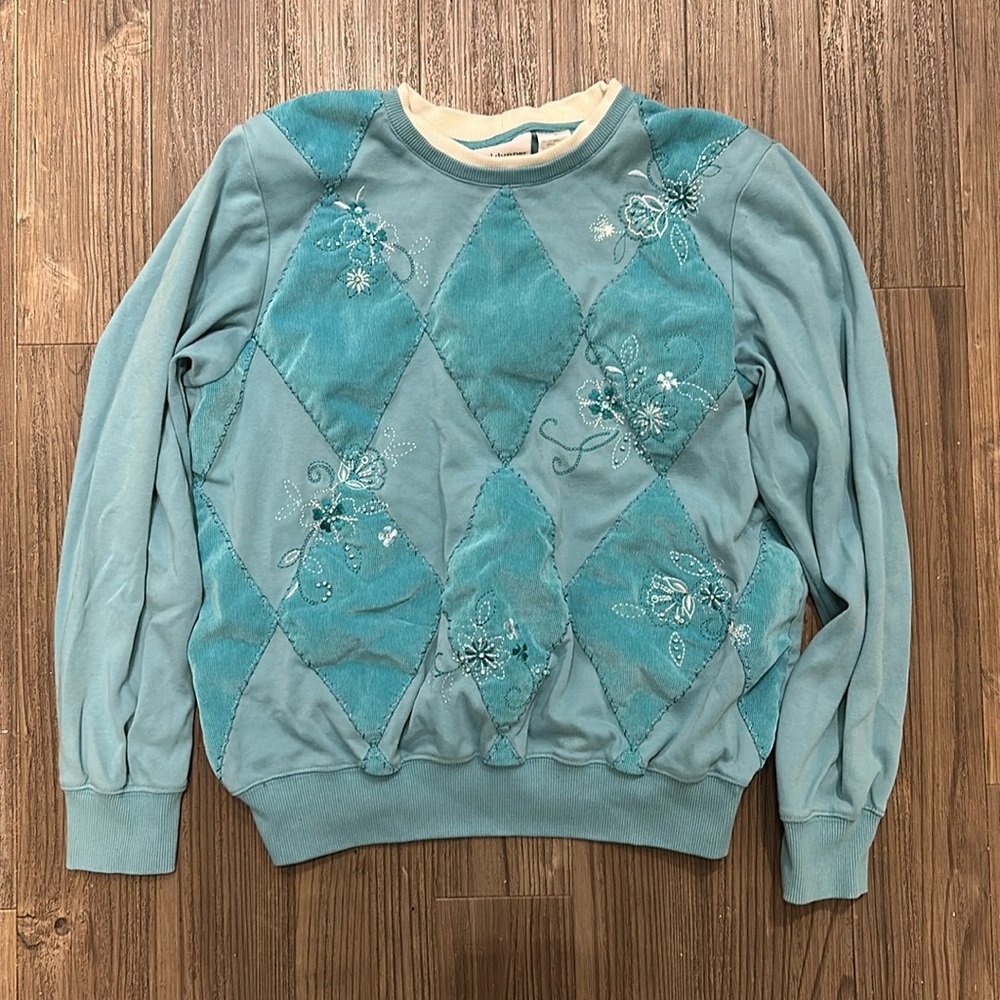 Blue patchwork floral beaded crewneck